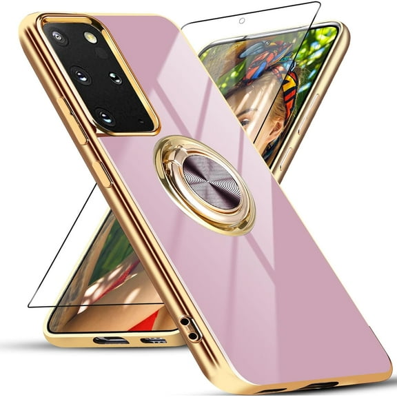 for Samsung Galaxy Note 20 5G Case with 1 Screen Protector, Built-in 360° Rotation Ring Holder Magnetic Stand, Luxury Shiny Plating Edge Shockproof Electroplated Protective Cover (Purple)