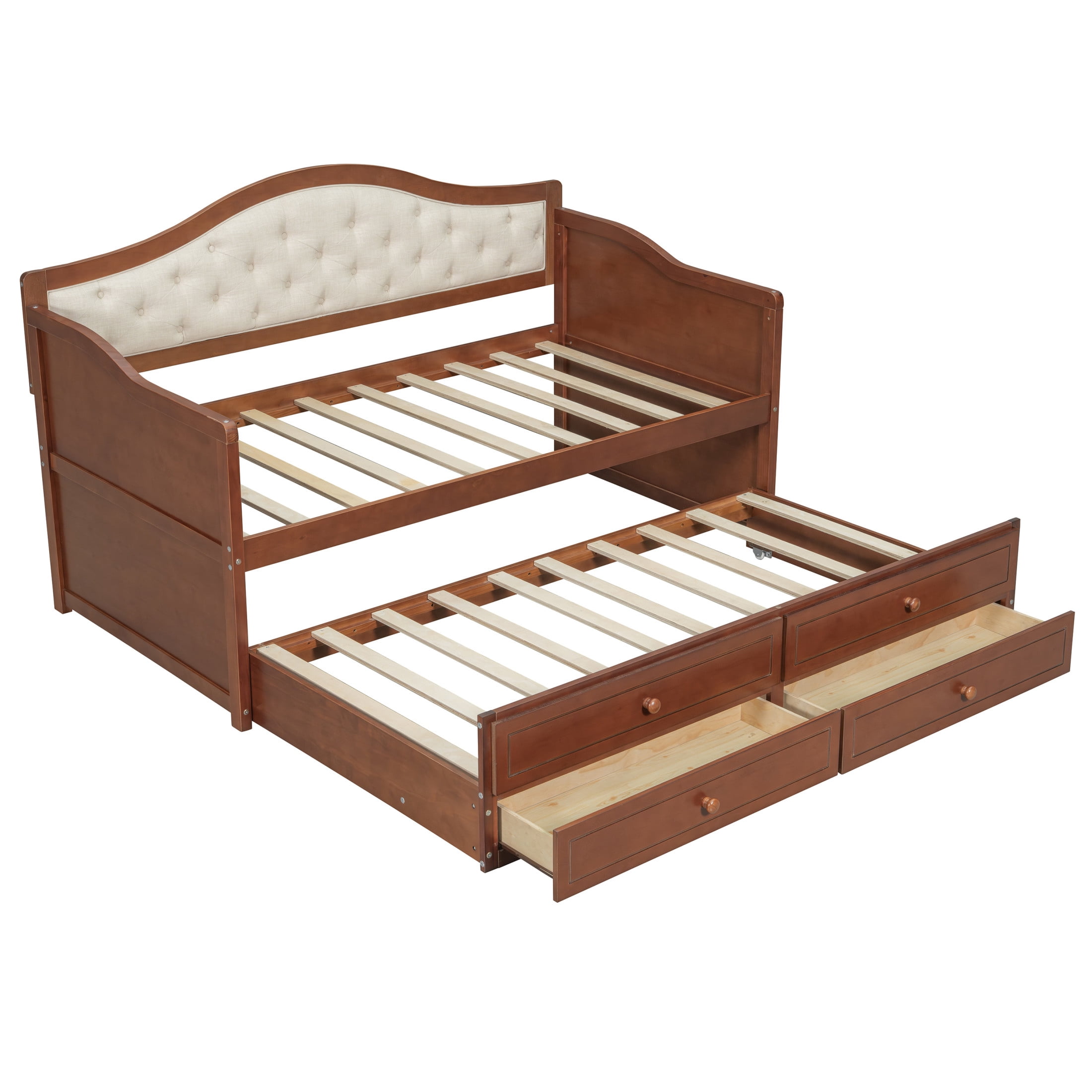 Noble House Twin Daybed with Trundle, 2 Storage Drawers, Upholstered Tufted Backrest, Walnut