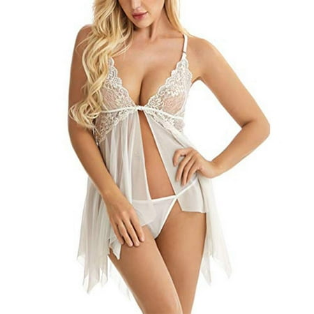 

Fantadool Ladies Lace Chest Openable Sling Pajamas Set Light and Transparent Soft Smooth Dress with G-String
