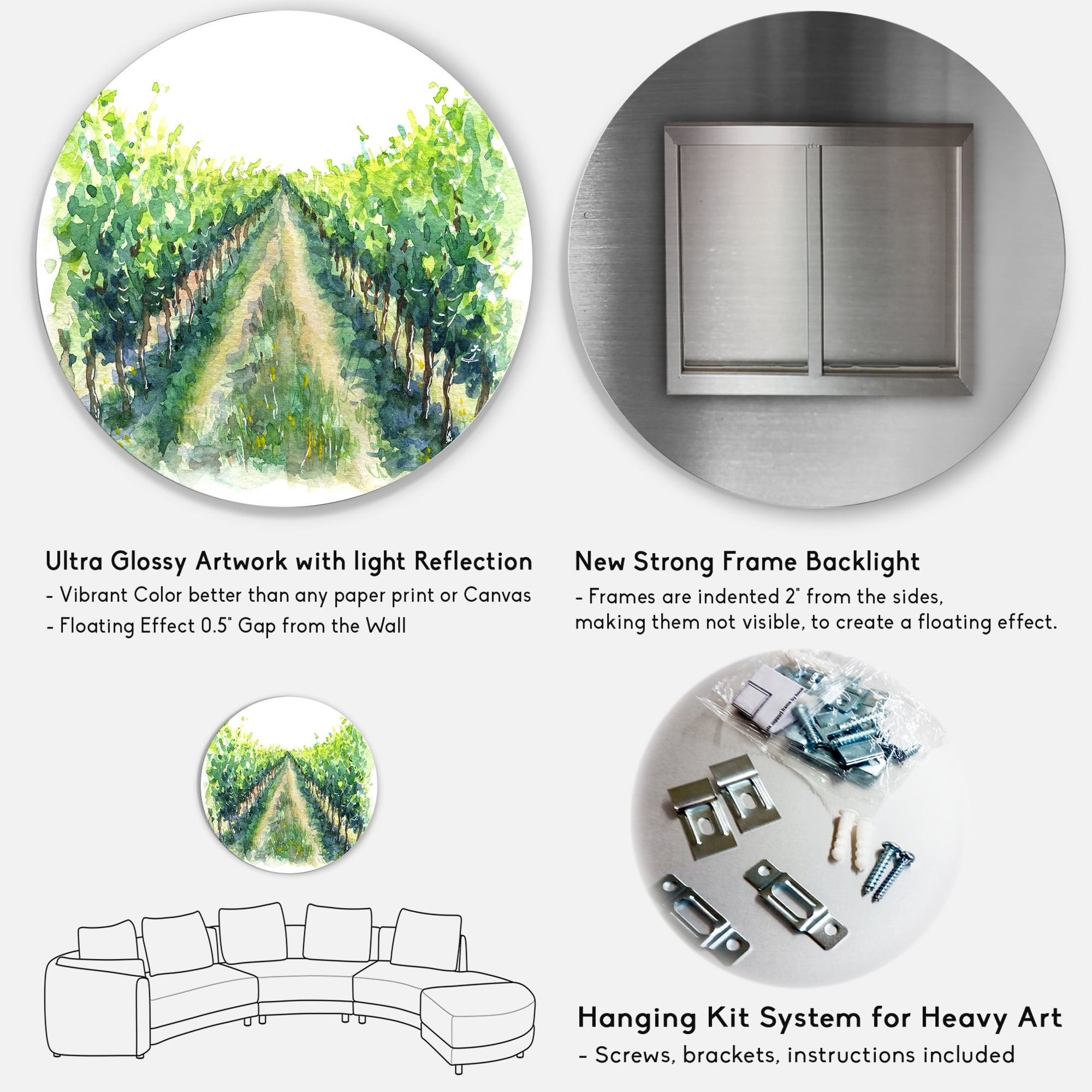 Designart 'Rural Scene Vineyard Path' Traditional Circle Metal Wall Art 36x36 - Disc of 36
