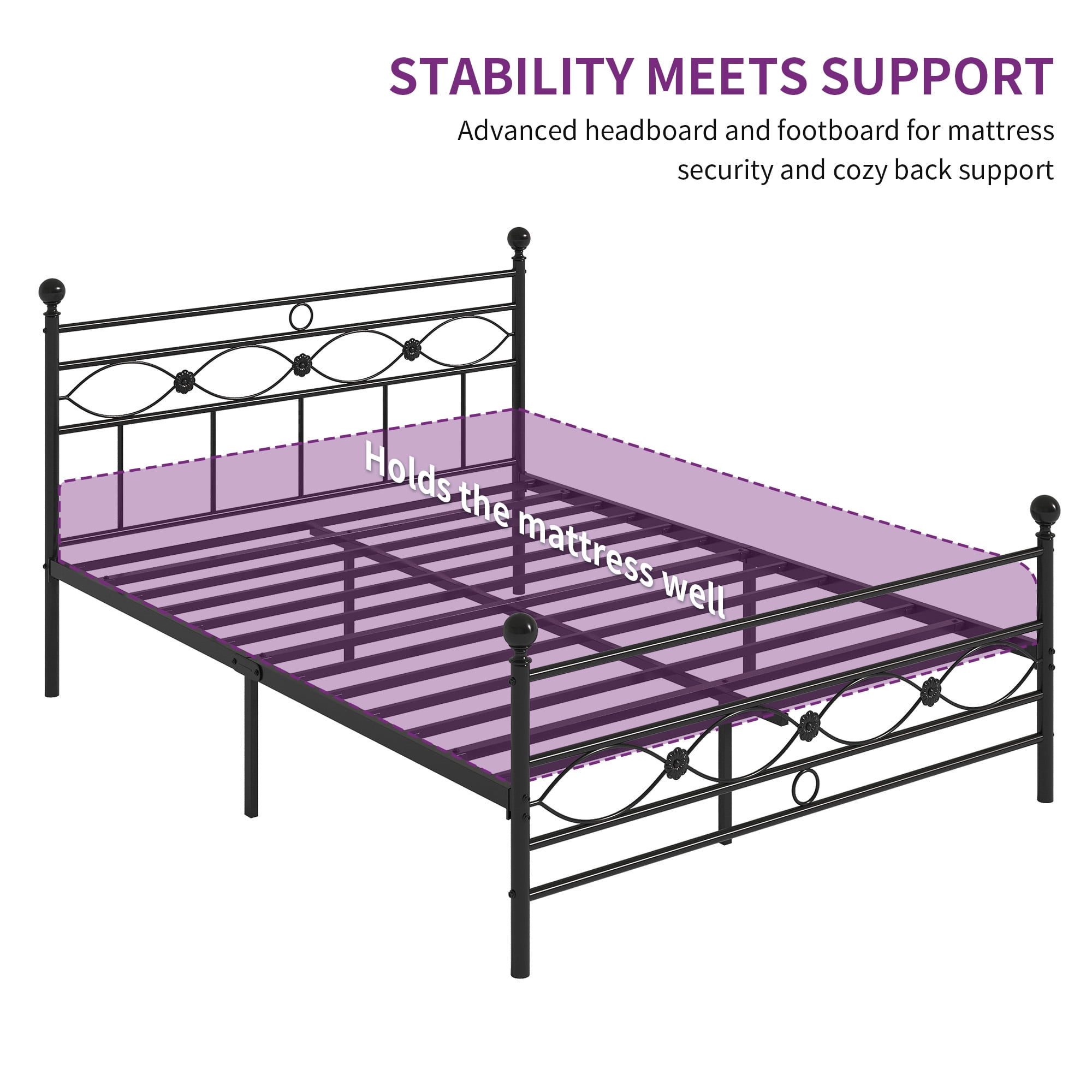 DEXTRUS Industrial Queen Platform Metal Bed Frame with Headboard & Soundproof Cotton