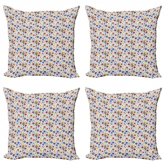 Floral Throw Pillow Cushion Case Pack of 4, Rhythmic Pattern of Eastern European Style Energetic Arrangement on Plain Background, Modern Accent Double-Sided Print, 4 Sizes, Multicolor, by Ambesonne