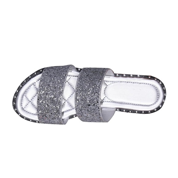 Virmaxy Womens Flat Sandals Women's Summer New Plus Size Frosted Sequin Line Over Beach Flats Light Sandals Silver 42