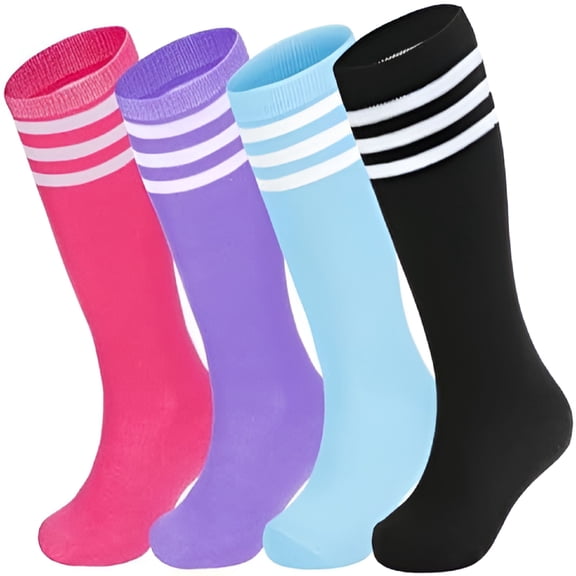 TELOLY 4 Pairs Kids Soccer Socks Baseball Softball Socks Youth Athletic Socks Boys Girls Knee High Socks Blue/Purple/Pink Black 6-9 Years