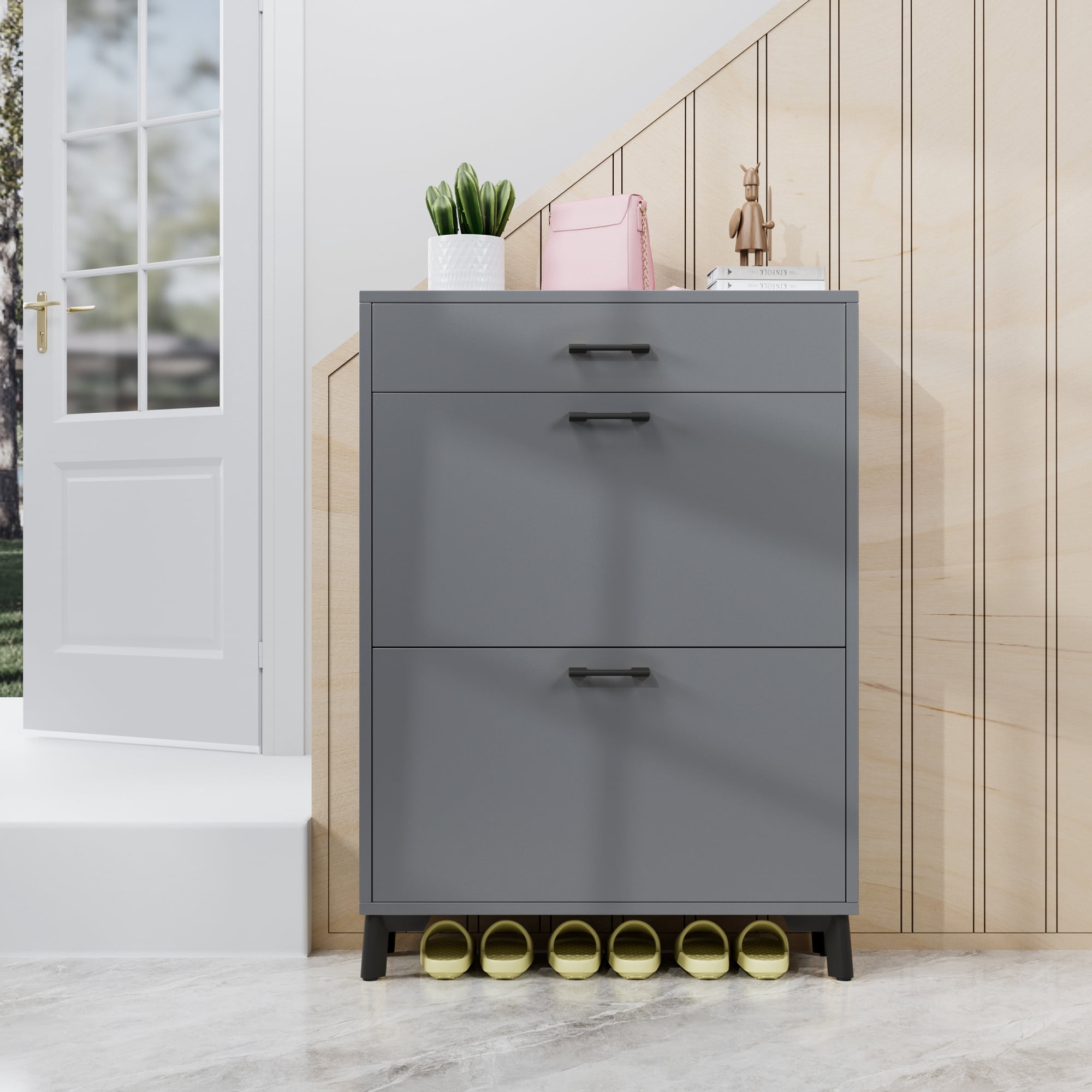Shoe Storage Cabinet for Entryway, Free Standing Shoe Rack Organizer with 2 Flip Drawers, Hidden Shoe Rack Storage Organizer for Doorway Hallway Closet