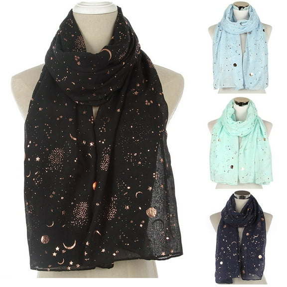 Womens Star Moon Foil Print Scarf Lightweight Silk Feel Travel Wrap Shawl