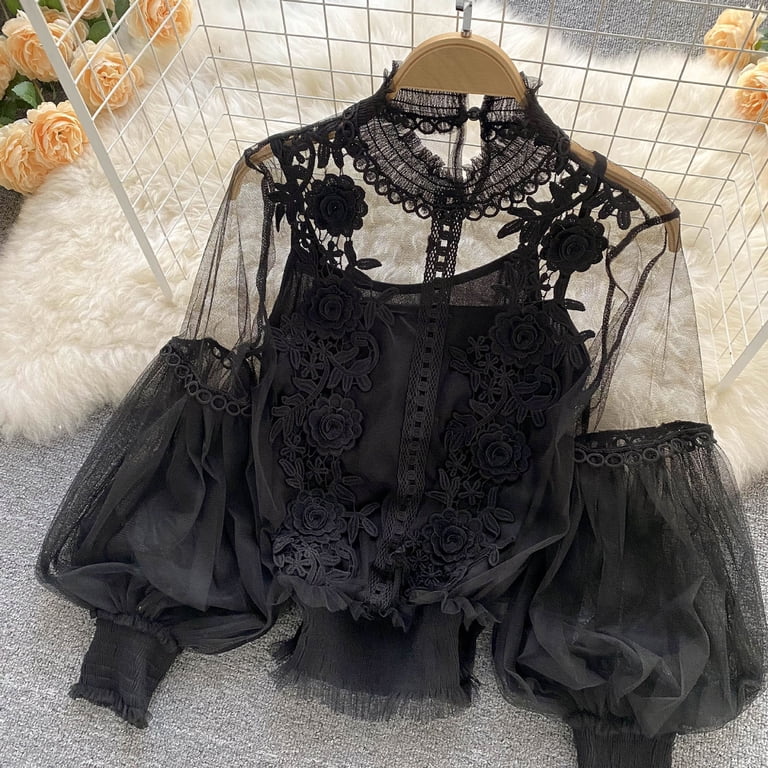 Women Cottagecore 3D Flower Blouse Bell Long Sleeve Sheer Lace