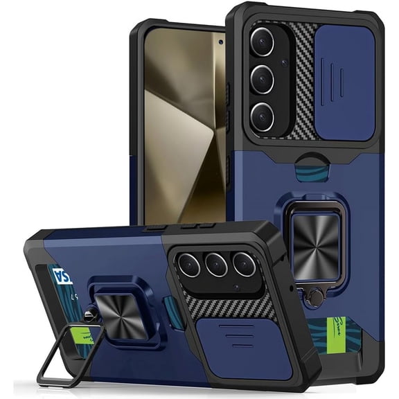 Design for Galaxy S24 FE Phone Case with Camera Lens Card Holder Stand Kickstand Heavy Duty Slim Shockproof Hybrid Rugged Drop Protective Cover for Samsung S24FE Women Men Blue