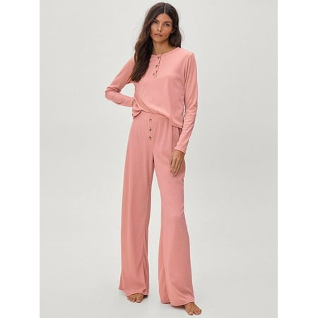 

QWZNDZGR Hiloc Solid Color Ribbed Sleepwear Round Neck Home Suit Knitted Pajamas For Women Trouser Suits Long Sleeve Sets Womens Outfits