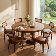 Guyou Modern Rattan Backrest Dining Chairs Set of 2, Mid-century Farmhouse Faux Leather Upholstered Kitchen Chairs Solid Wood Side Chairs for Kitchen Dining Room Living Room, Brown