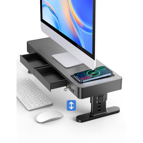meatanty Support de Moniteur Réglable en Hauteur, Rehausseur d'Ordinateur avec Chargeur de Téléphone Automatique, Hub à 4 Ports USB et Rangement de Tiroir, Organisateur de Bureau en Métal