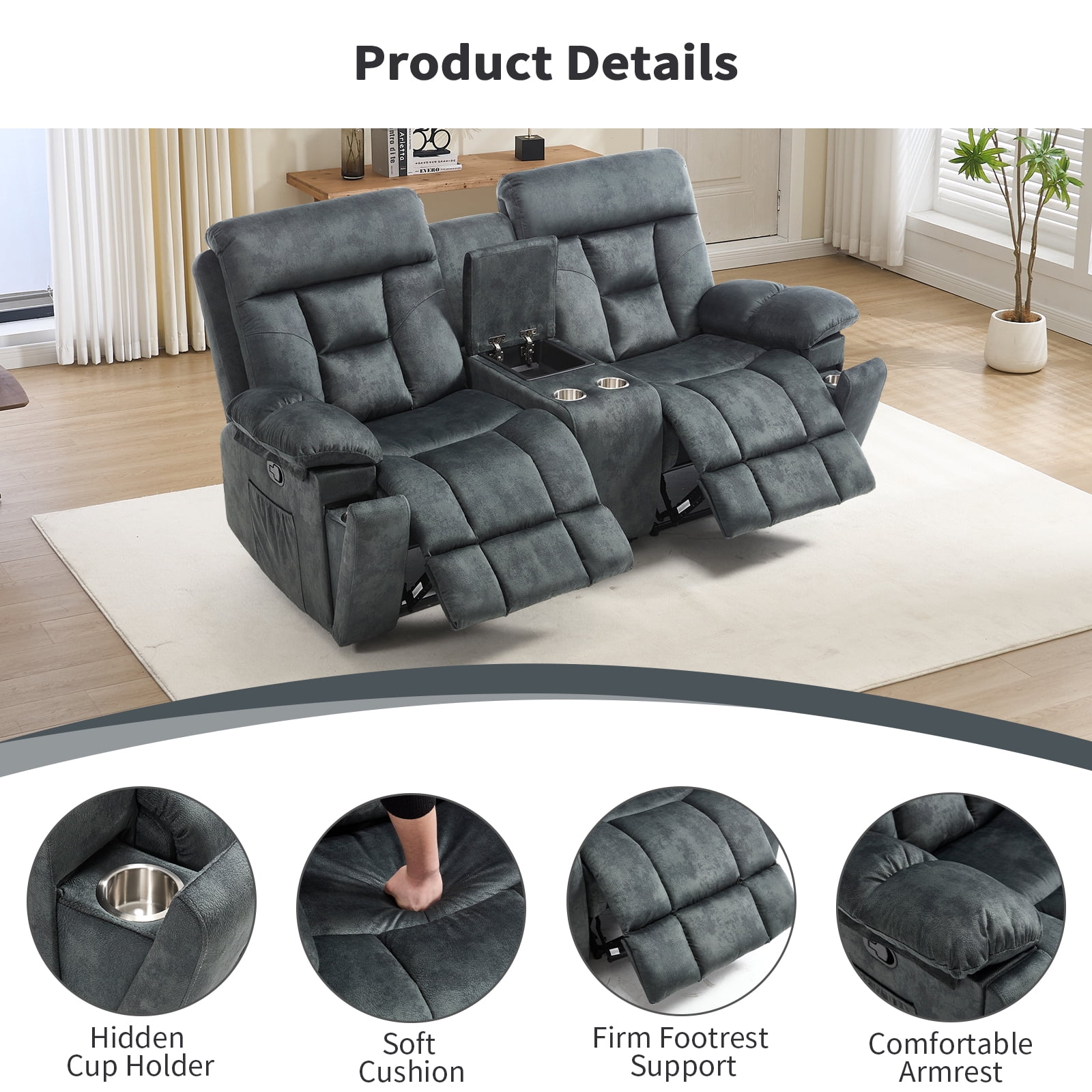 Bonzy Home Reclining Loveseat 2-Seat Manual Recliner Sofa with Hidden Armrest Cup Holders, Breathable Fabric, Grayish Green
