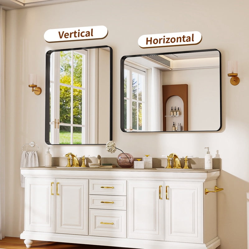 Easy4Home 40"x 30" Rectangular Bathroom Vanity Mirror with Round Corner Deep Frame Wall Mirror, Black