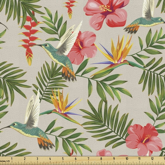 Ambesonne Hibiscus Fabric by the Yard Upholstery, Endemic Hummingbirds Leaf, 10 Yards, Pale Tan Coral