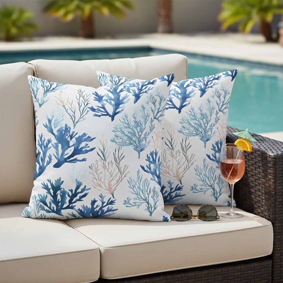 Blue Coral Coastal Outdoor Pillow Covers 20x20 Inch Throw Pillow Covers Set of 2 Waterproof Decorative Pillow Cases Summer Watercolor Ocean Cushion Covers for Patio Furniture Garden Couch Sofa