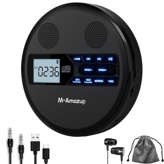 Reproductor de CD portátil con Bluetooth y transmisor FM para coche, batería recargable 15h, pantalla LCD, anti-saltos, altavoces estéreo, negro