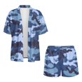 thumbnail image 4 of FKEKYI Camo Blue Print Women's 2 Piece Set Summer Short Shirt Open Front Top & Relaxed Shorts with Elastic Waist Soft Vacation Outfit Loungewear Beachwear, L, 4 of 7