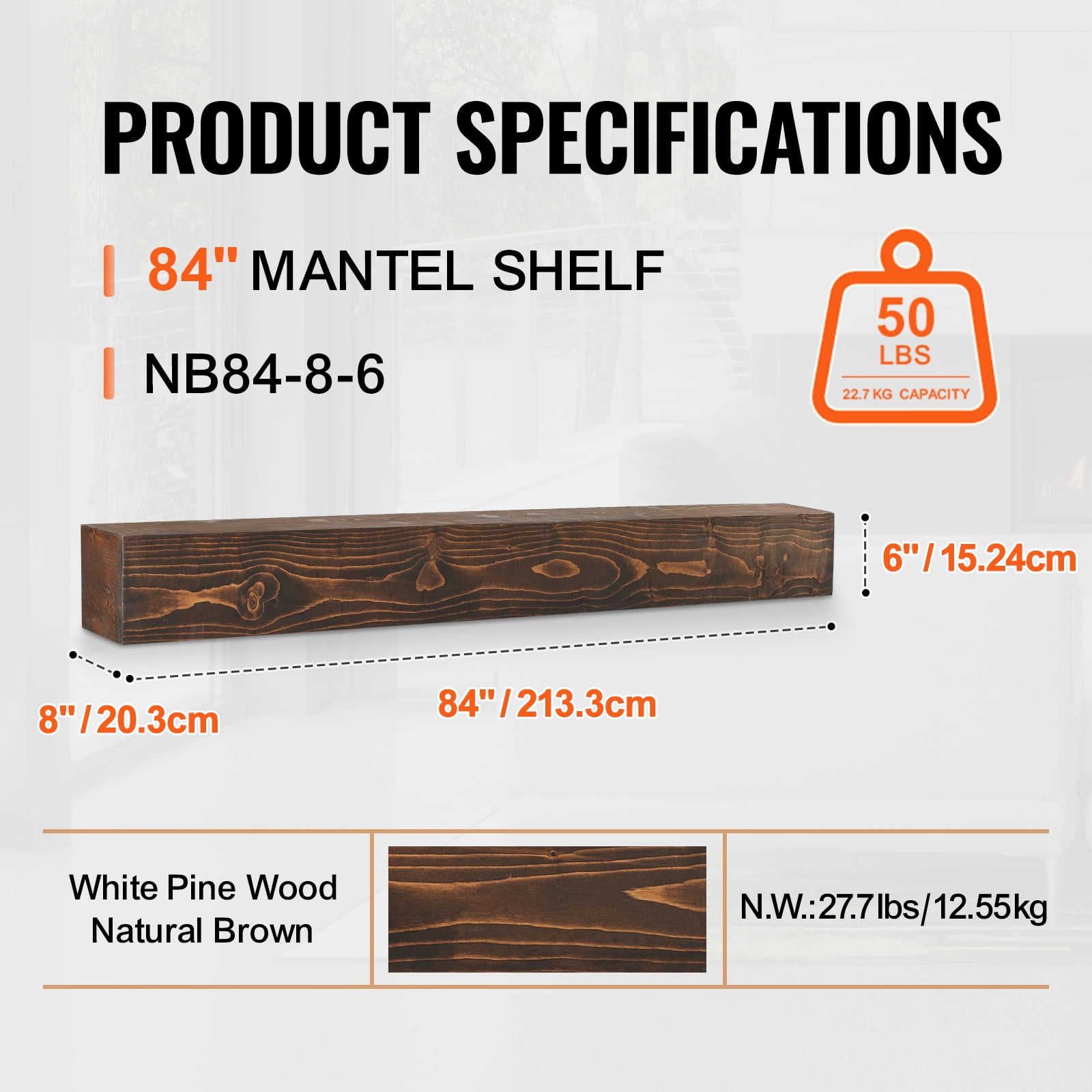 KFFKFF Natural Wood Fireplace Shelf, 84"x8"x6", Supports up to 50 lbs, Wall-Mounted Rustic Farmhouse Mantel, Crafted for Decorative Wall Above Fireplace, in Natural Brown
