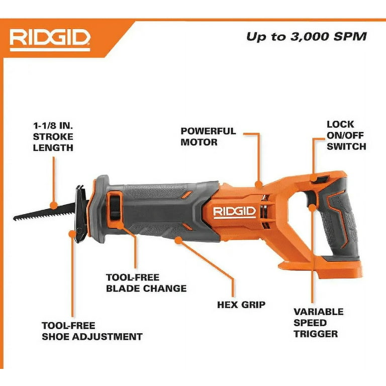 RIDGID 18V R8646B Cordless Reciprocating Saw with 3,000 SPM and