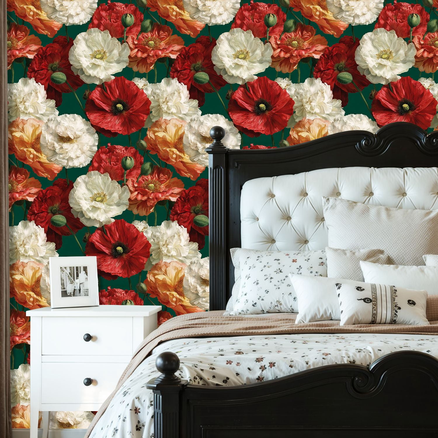 Vintage Peel and Stick Wallpaper Striking Poppy Flowers Full Bloom Precise Petal Wall Mural 23.6in x 9.8ft Self Adhesive Removable Wall Paper Floral Contact Paper for Nursery Bedroom Cabinets
