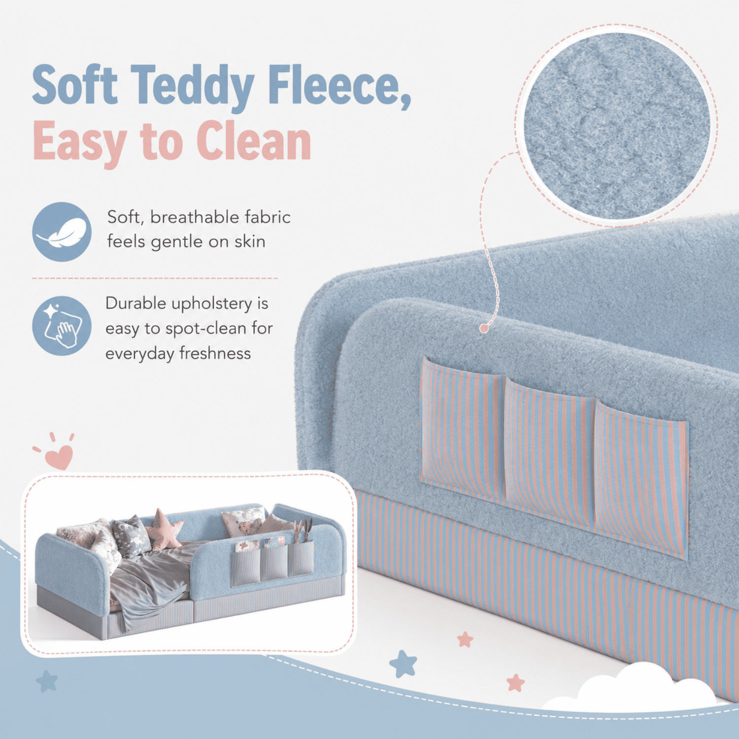 Miniyam Twin Size Montessori Floor Bed for Kids, Upholstered Teddy Fleece Low Profile Bed Frame, Blue