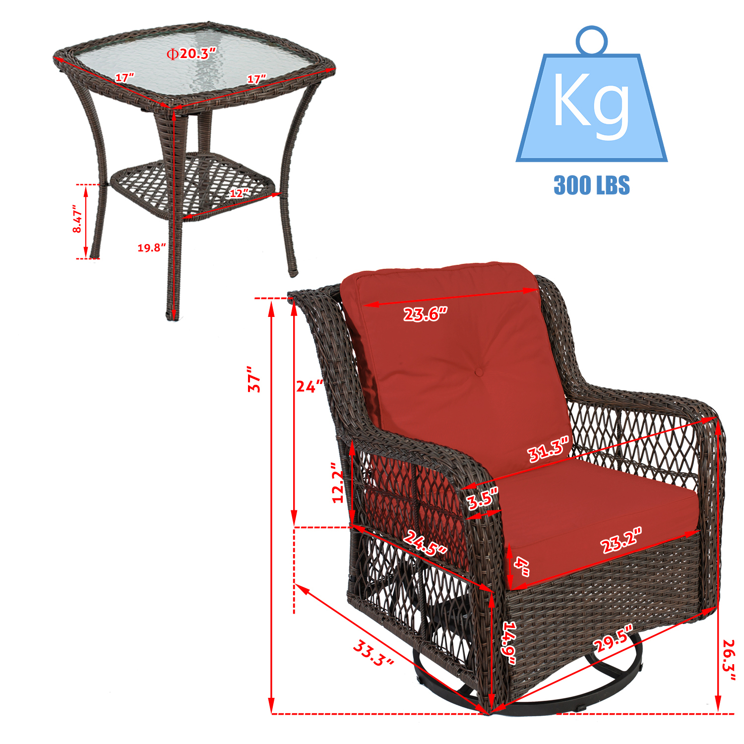 3-Piece Rattan Wicker Stainless Chat Set with Swivel Rocking Chairs Coffee Table for Indoor Outdoor Space Deck Porch Patio Conversation Bistro Set Rust - image 5 of 19