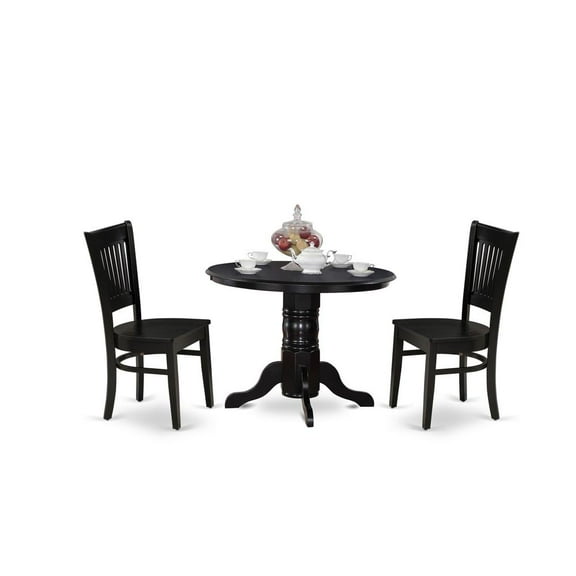 East West Furniture - SHVA3-BLK-W - 3-Piece Modern Dining Table Set- 2 Modern Chair and Kitchen Dining Table - Wooden Seat and Slatted Chair Back - Black Finish