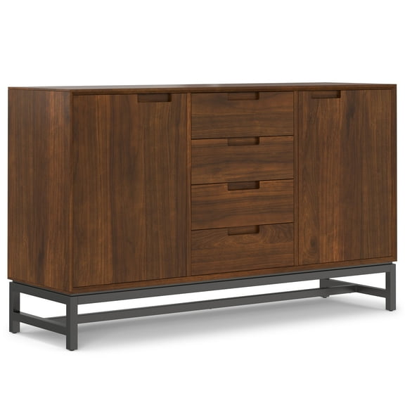 Simpli Home Banting and Metal 60 inch x 18 inch Rectangle Industrial Sideboard with Centre Drawers in Walnut Veneer
