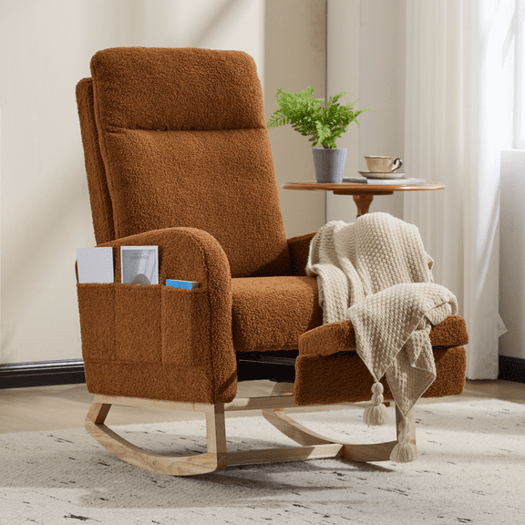 IVV Modern Teddy Upholstered Rocking Chair, Comfortable Rocker Recliner with Expanded Footrest and Side Pocket, for Living Room, Bedroom, Nursing Room (Brown)