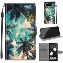 Compatible with Google Pixel 8 Pro Wallet Case with Card Holder, Flip Pattern Painted PU Leather Kickstand Wrist Strap Shockproof Phone Case for Google Pixel 8 Pro, Coconut Tree