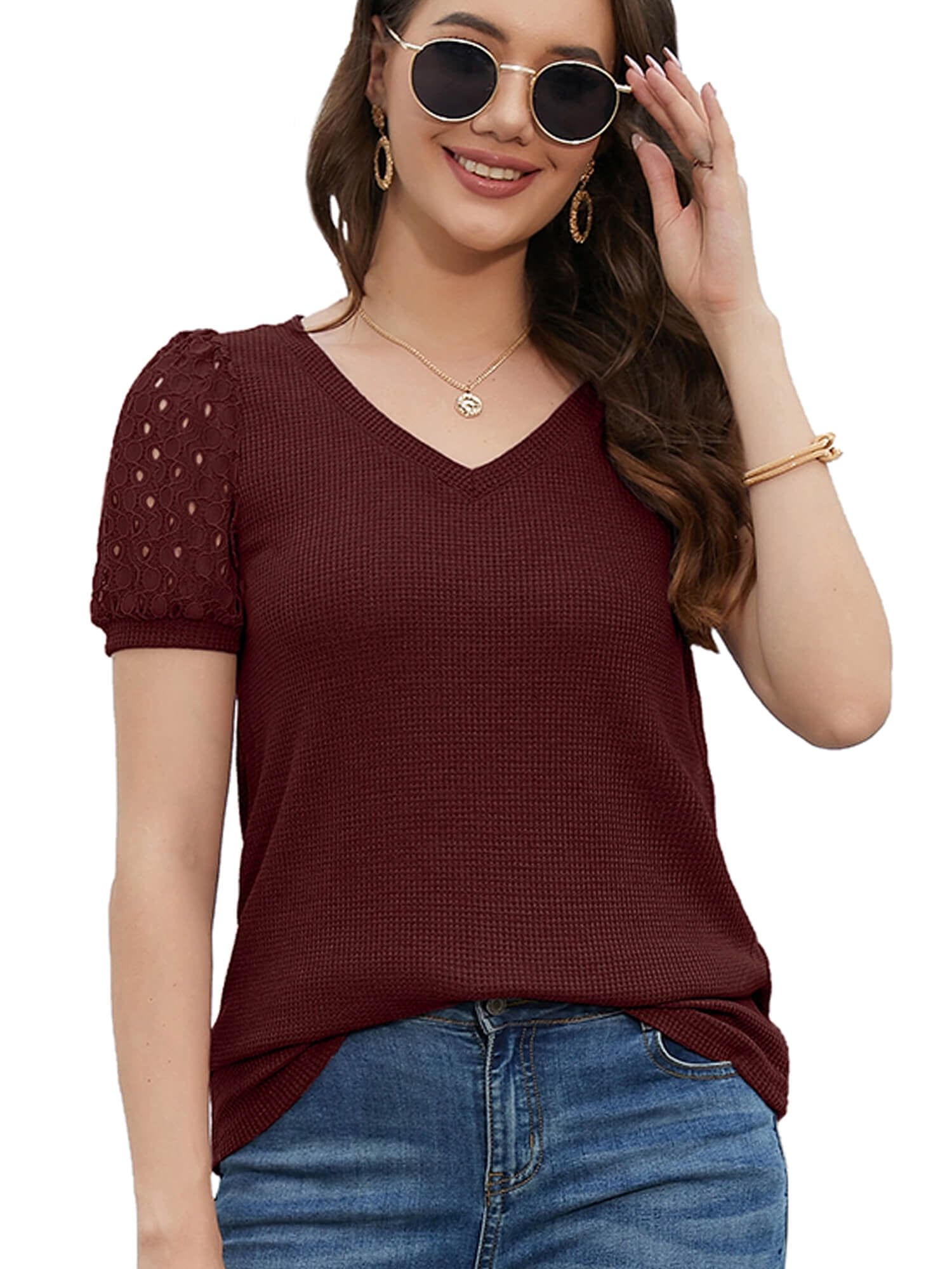 SHOWMALL Women's Trendy Waffle Knit Blouse Puff Short Sleeve Hollow-Out ...