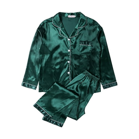 

Seyurigaoka Women Fashion Smooth Comfort Solid Button Top Pants Silk Satin Sleepwear Set Home