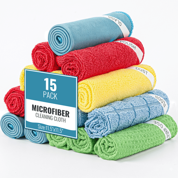 DSOOLO Microfiber Cleaning Cloths for Glasses Kitchen Reusable Microfiber Towels Cleaning Rags Washable,11.5"x11.5"(15 Pack)