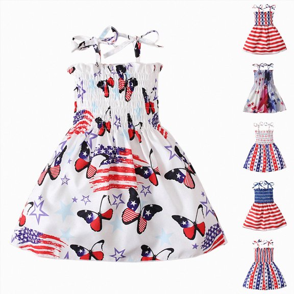 felwors Little Girls Patriotic Dress Smocked 4th of July National Sleeveless Independence Day(White,3-4 Years)