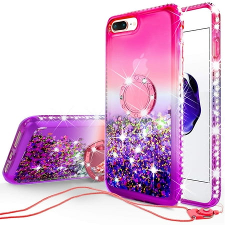 SOGA Rhinestone Liquid Float Quicksand Cover Cute Phone Case Compatible for Apple iPhone 8 Plus/Phone 7 Plus Case with Embedded Metal Diamond Ring for Magnetic Car Mounts and Lanyard - Pink on
