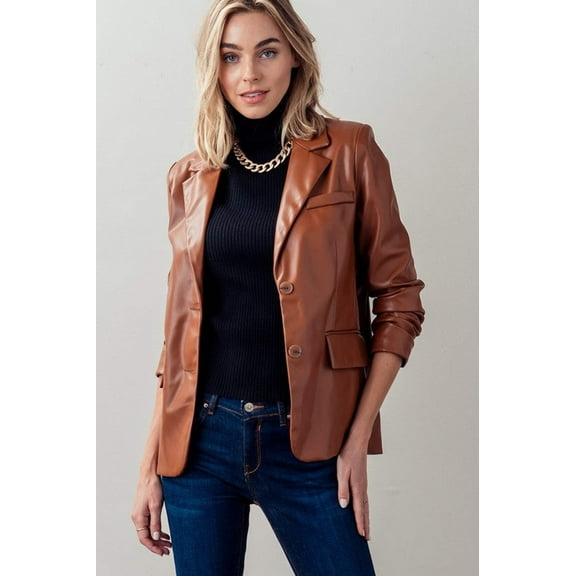 Faux Leather Lapel Neck Single Breasted Blazer