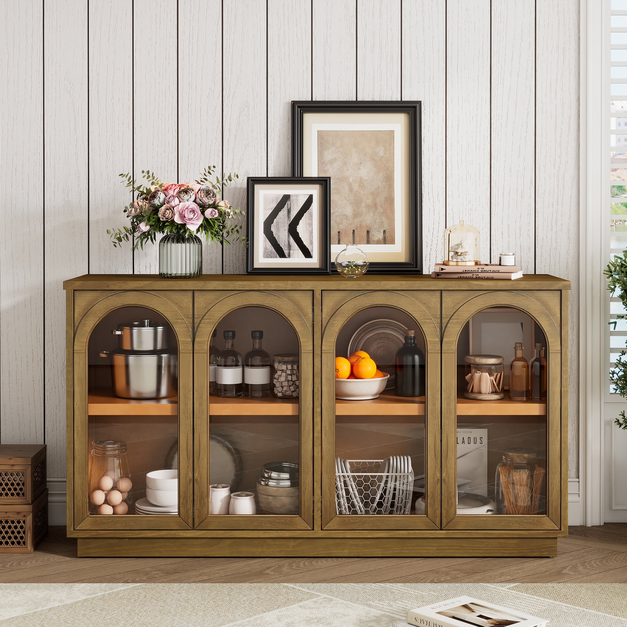TrumanPick 4-Door Buffet Cabinet Sideboard for Bedroom, Modern Arched Glass Storage Console with Adjustable Shelves, Accent Cabinet Console Table TV Stand for Living Room, Old Pine