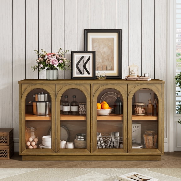 Aukfa Storage Buffet Cabinet with 4 Glass Doors, Large Arched Cabinet,Old Pine