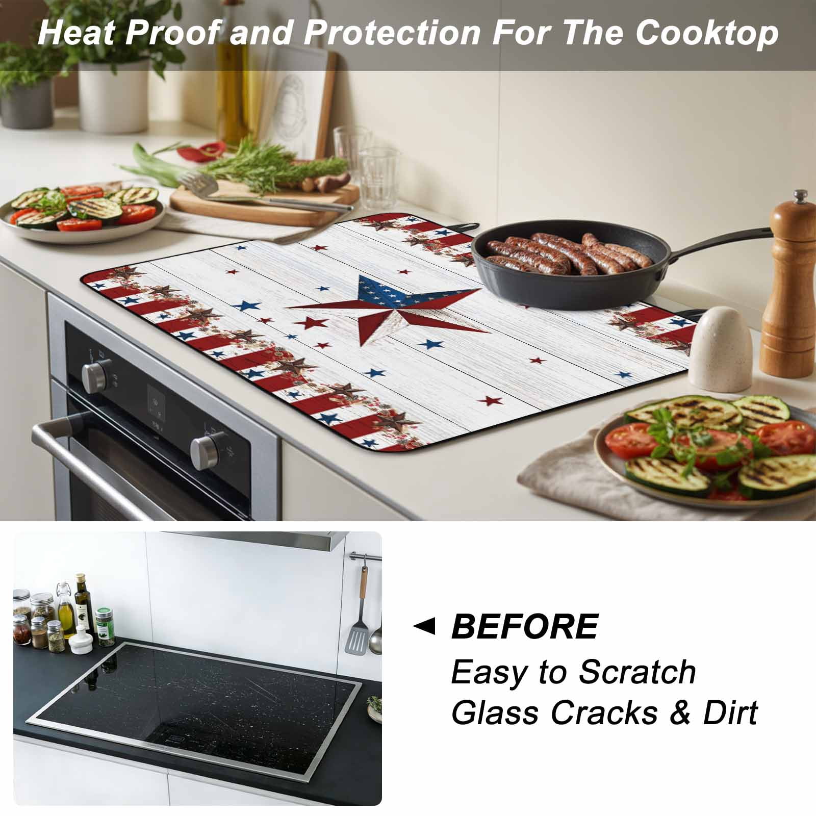 Independence Day Stove Top Cover for Electric Stove, Heat-proof & Non Slip Glass Top Stove Cover Protector, USA Flag Star Wooden Grain Striped Kitchen Flat Cooktop Rubber Mat 24x21 Inches