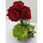 Modern Topiary Fresh Flower Arrangement with Vase designed for Mother's Day, Anniversary, Flowers Roses and Orchids, Colors Vary