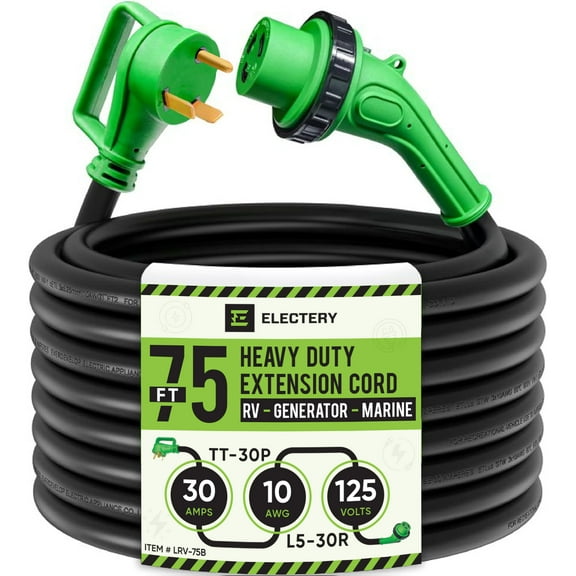 30 Amp 75 Ft RV Power Extension Cord NEMA TT-30P to L5-30R with Twist Locking Adopter, Heavy Duty STW Cord 3 Prong 10 Gauge for RV, Marine, Generator. ETL Listed