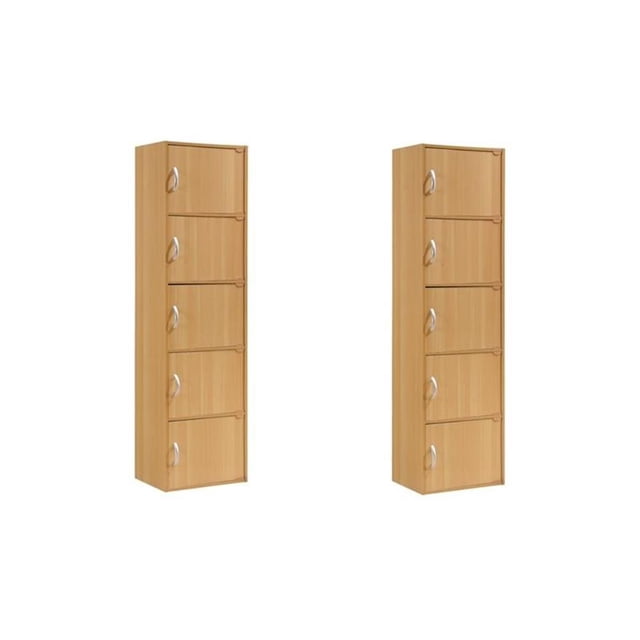 Pemberly Row Set of 2 5-Shelf 5 Door Multi-Purpose Wooden Bookcases in Beige