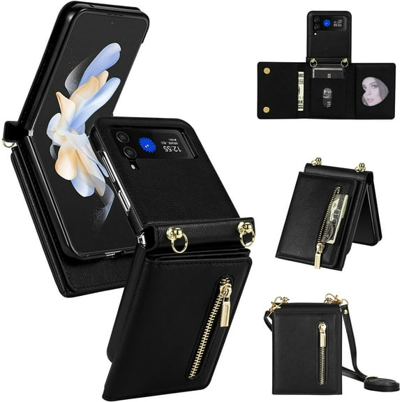 Phone Case for Samsung Galaxy Z Flip 4 5G 2022 Wallet Cover with Credit Card Holder Slot Crossbody Strap Lanyard Cell ZFlip4 Z4 Flip4 4Z Women Girls Men Black