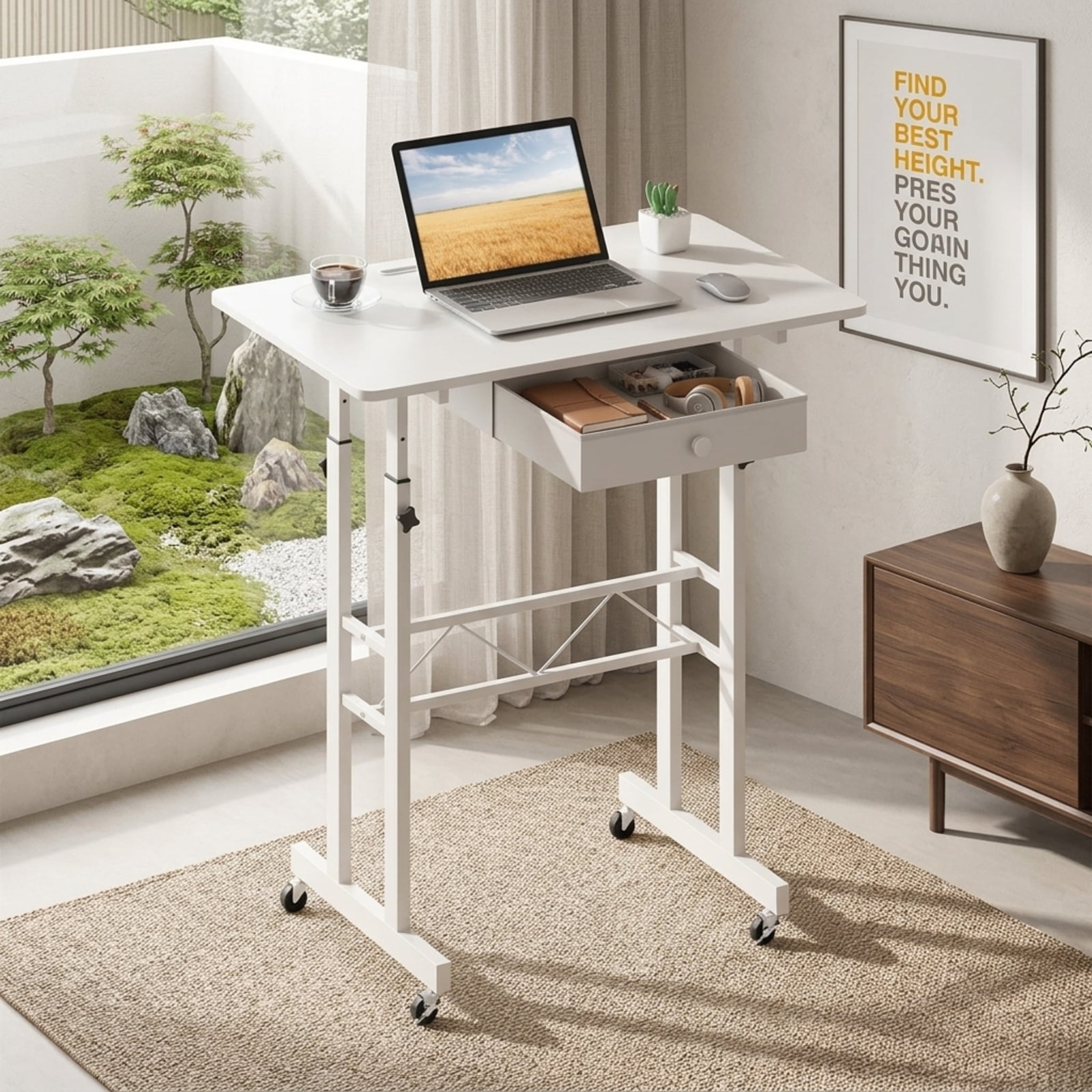 Furnibear Height Adjustable Standing Laptop Desk with Fabric Drawer Tablet Holder Lockable Wheels and Sit Stand Design for Home Office, White