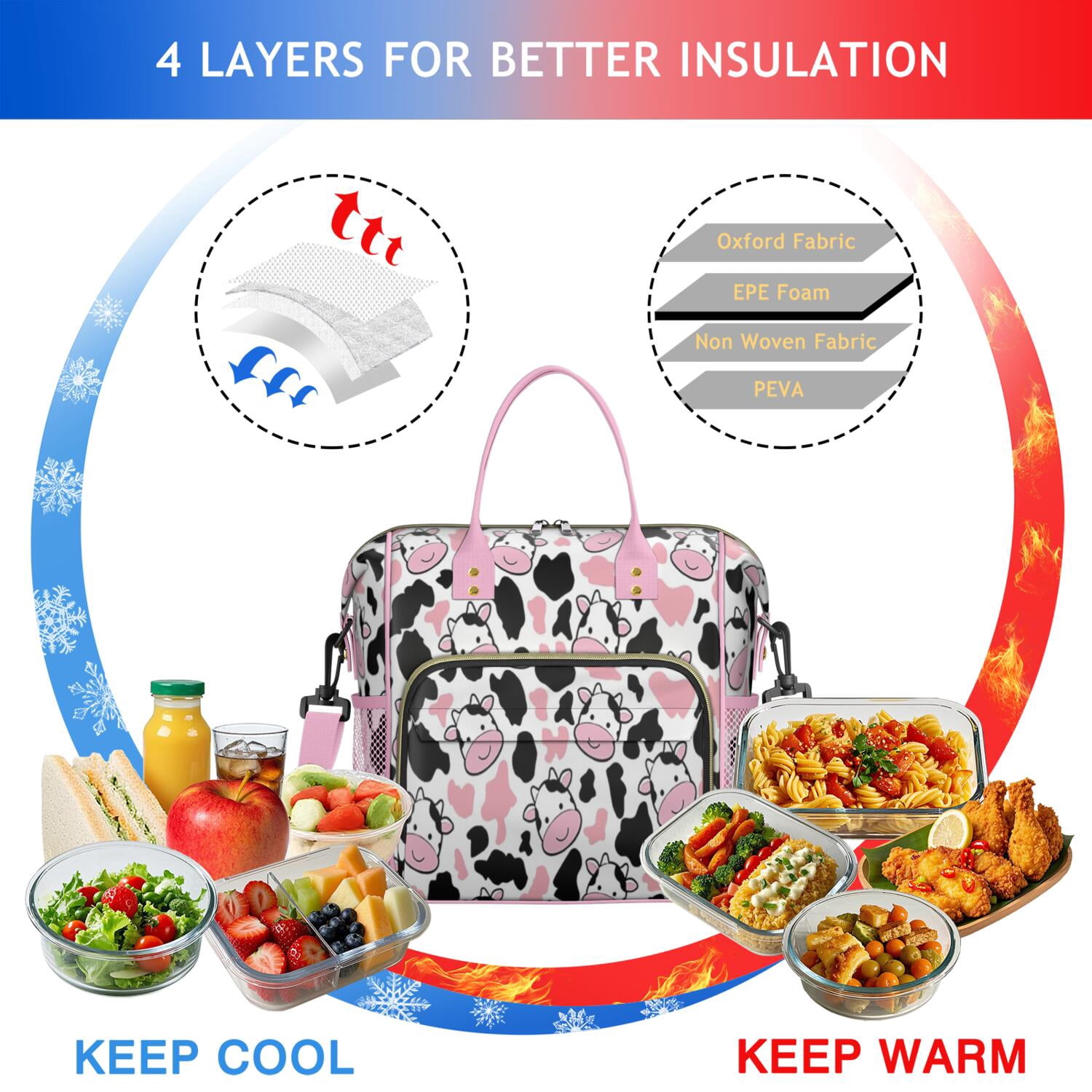 Cow Pattern Black Pink Lunch Box for School,Insulated Large,Lunch Bag,Loncheras Para Mujer,Leakproof Lunch Bag for School,Beach,Travel,Picnic,Camping