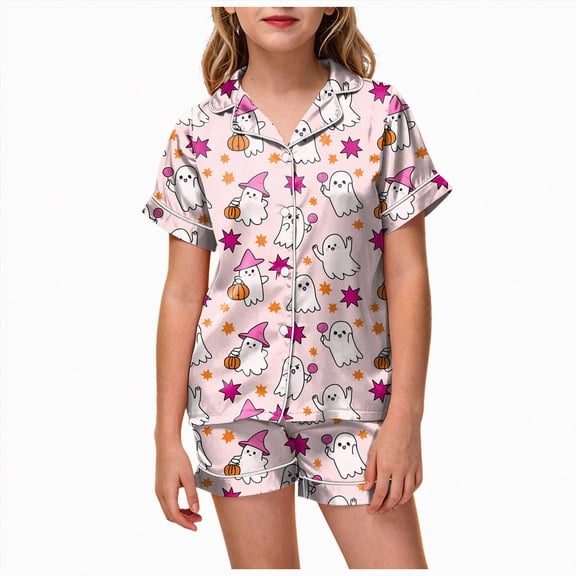 Futezty Toddler Halloween Pajamas Kids Pumpkin Ghost Print Satin Pajama Set Short Sleeve Button Down Sleepwear with Shorts Set Little Girl Clothes 3T-13T