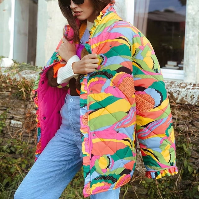 LOVZFMLL Vestes pour Femmes Automne et Hiver Veste en Coton Plissé Imprimé