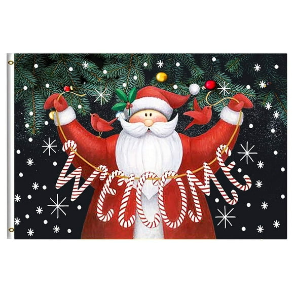 Merry Christmas Santa Claus Welcome Home Holiday Garden Flag 3x5 Feet with Brass Grommet Wind Double Stitch Winter Snow Snowflake Christmas Tree Bells Banner Flag Breeze Decorations for Indoor Outdoor