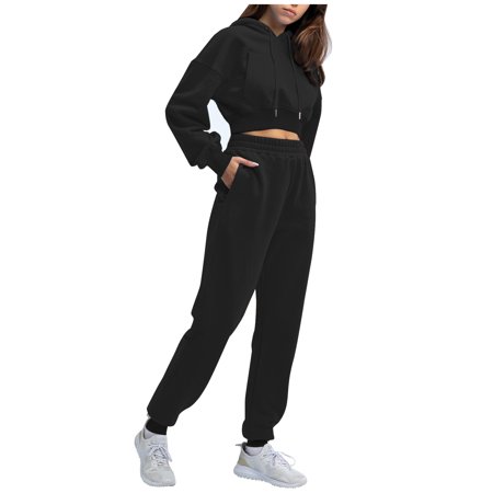 WOXINDA Women’s Solid Color Crewneck Sweatshirt Set Slim Pullover Crop Top Sweatsuit Dinner Suit Wom | Walmart (US)