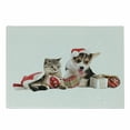 thumbnail image 1 of Christmas Cutting Board, Dog and Cat in Santa Hats Surprise Boxes and Balls New Year Celebration, Decorative Tempered Glass Cutting and Serving Board, Small Size, Red White Brown, by Ambesonne, 1 of 1